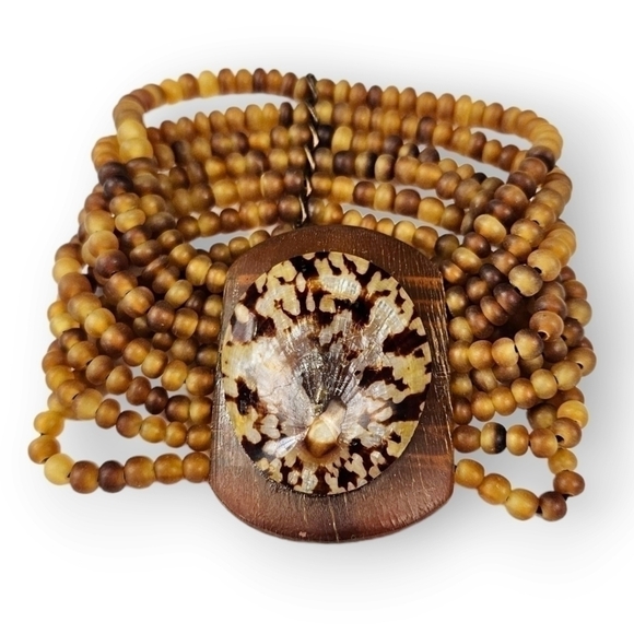 Genuine Seashell Stretch Bracelet Resin Brown Tan Bead Tropical Wide Multistrand - Picture 2 of 6